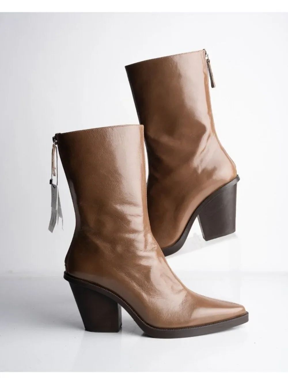 Zara Womens Leather Boots Mid calf Heeled Brown US 8 EU 39 NWT 2107/410